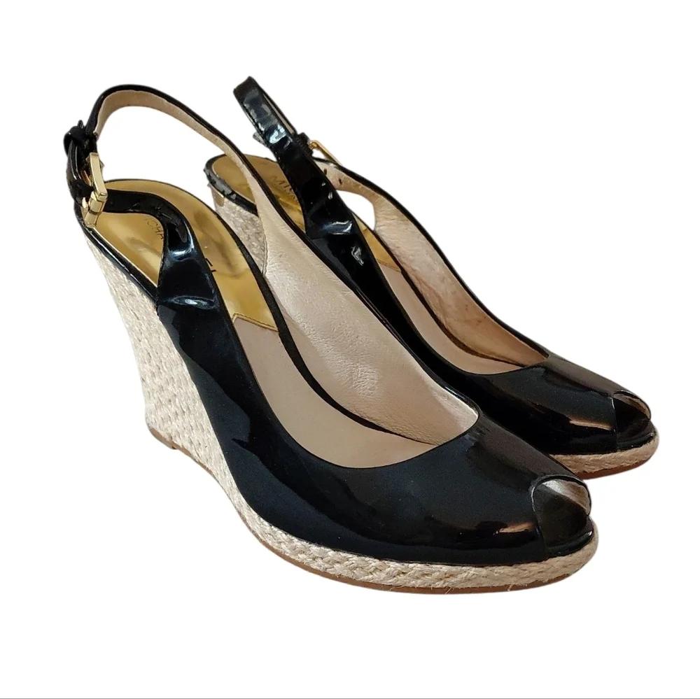 Michael Kors Keenan Black Patent Leather Peep Toe Espadrille Wedges Size 8